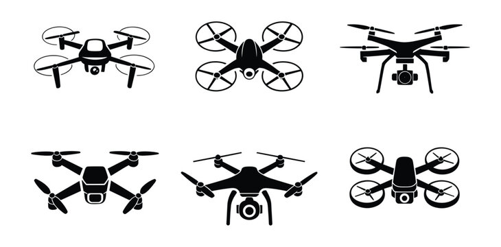 Drone Collection: A compilation of six distinct drone designs. aerial vehicle, quadcopter, technology, flight, unmanned system.