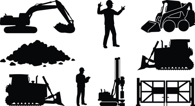 Heavy construction machinery and engineering worker silhouettes vector set featuring excavator bulldozer skid steer loader and pile driver
