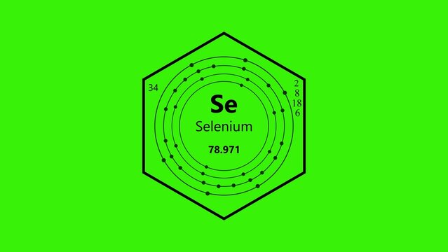 Selenium chemical symbol with atomic structure diagram inside a hexagon on a bright green background