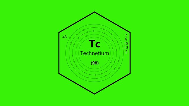 Technetium symbol with atomic structure diagram inside a black hexagon on a bright green background