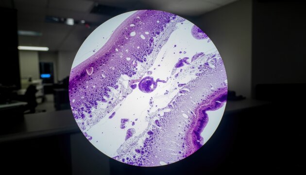 Illuminated microscopic view of a healthy biological tissue sample showing intricate cellular detail