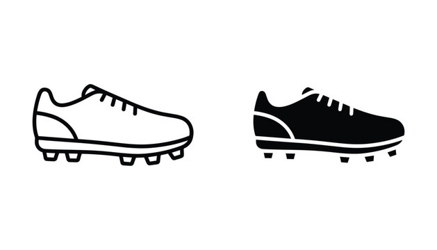 Professional soccer football cleats icon set featuring athletic footwear symbols in linear and solid black designs for sports training and competitive athletics branding materials
