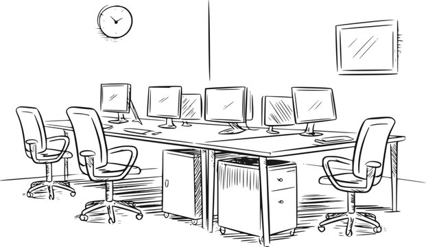 デスク、コンピュータモニター、オフィスチェアが特徴のモダンなオープンオフィス・ワークスペースの手描きイラスト