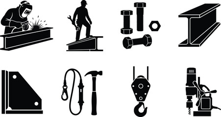 Obraz premium Industrial structural steel construction and metal fabrication icon set featuring black silhouettes of welders ironworkers girders and tools