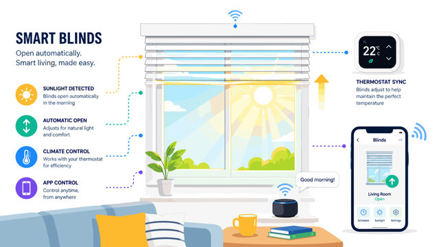 Smart blinds adjust to sunlight, temperature, and schedule. Control via app or voice commands. Window frames warm sunlight and fresh air. Modern living room with cozy sofa and coffee