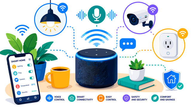 Smart home hub connects devices for seamless control. Voice commands manage lights, camera, and plugs. Home automation brings comfort and safety through simplicity