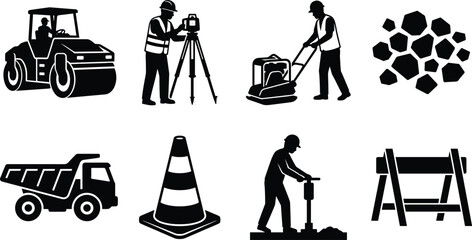 Road construction and civil engineering icon set featuring black silhouettes of heavy machinery surveyors workers and safety equipment © Rahim 