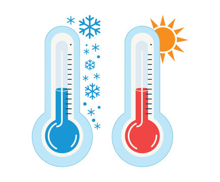 Cold and Hot Thermometer: Two thermometers indicating contrasting temperatures, one cold with snowflakes, the other hot with a sun. weather concept, climate change, temperature scale.