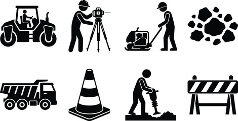 Road construction and infrastructure development icon set featuring black silhouettes of heavy machinery civil engineering workers and safety barriers © Rahim 