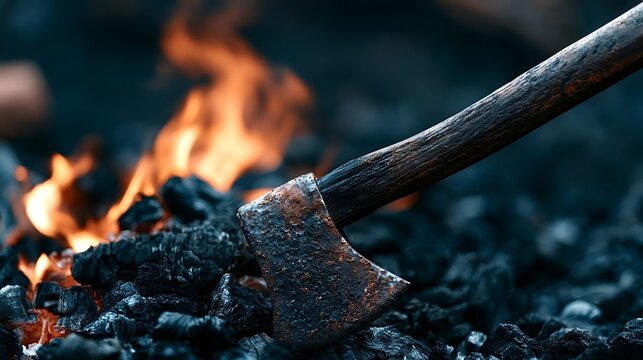 Old rusty axe head and wooden handle lying on smoldering charcoal, with vibrant orange flames and glowing embers showing concepts of heat, survival, and traditional craftsmanship