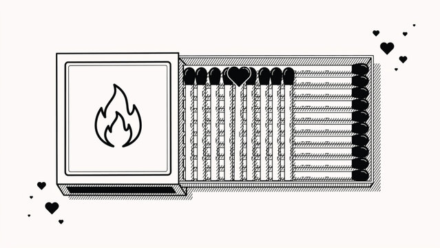 Illustration of book of matches with heart shaped matchsticks and flame icon on cover design
