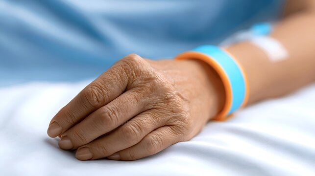 Patient hand with wrinkled skin and a blue and orange identification wristband resting on a white hospital bed sheet, representing healthcare, illness, wellness, and medical treatment