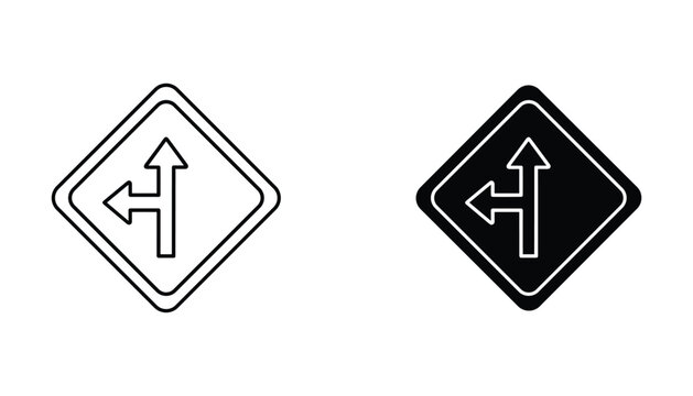 Directional sign icon set featuring diamond shaped road signage with split arrows for navigation and traffic guidance in clean black and white vector graphic illustration art style