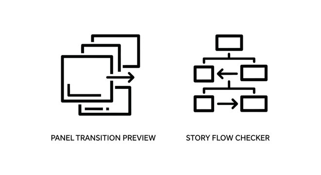 Panel preview and story flow checker icon set with transition sequence structure organize management planning visualization development workflow framework strategy connection