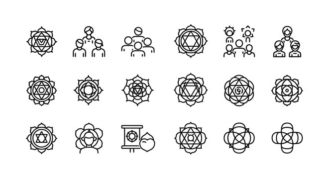 Collection of spiritual chakra and energy healing geometric line icons with spiritual meditation geometry wellness mindfulness spirituality esoteric consciousness religious symbolic