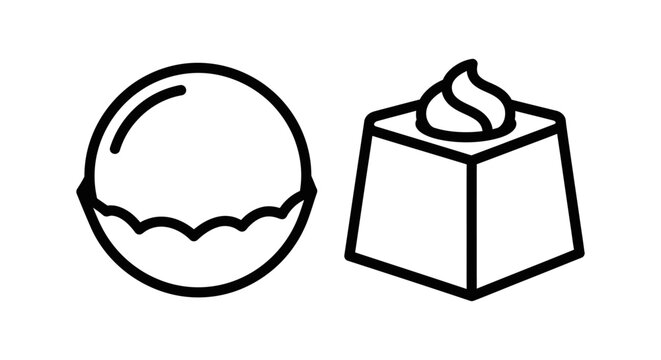 Sweet confectionery icons showing spherical candy and square shaped treat with creamy topping in outline style confectionery spherical delicious culinary minimalist monochrome