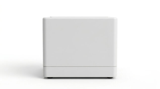 Minimalist white cube-shaped speaker with subtle angled edges and clean design.