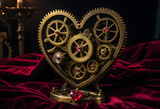 Steampunk heart gearing and ruby mechanism on velvet