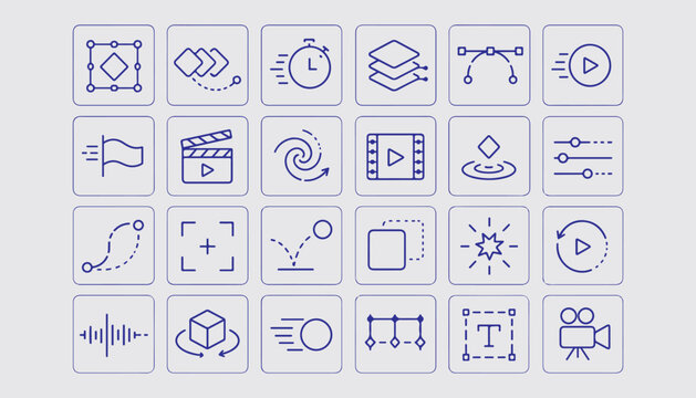 Motion Graphics Animation Outline Vector Icon Set Premium Video Editing Media Production Timeline Effects UI Motion Design Line Icons Collection