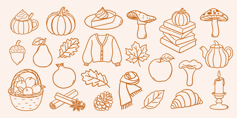 Autumn cozy doodle clipart set. Hand drawn fall pumpkin, apple basket, mushroom, sweater, scarf, books, pie, teapot, leaves, acorn, candle. Vector illustration © Huma Fida