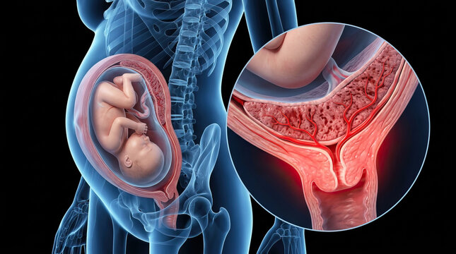 Pregnant woman body with fetus in uterus, placenta low position, medical anatomy illustration, x ray view, prenatal health, maternal care