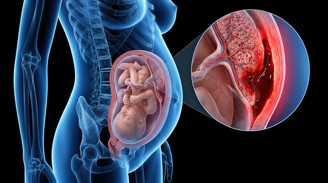 Pregnant woman with fetus and placenta low in uterus, medical illustration of maternal anatomy and pregnancy complication