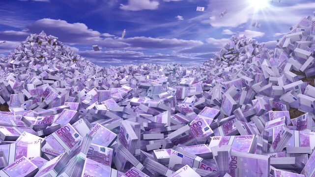 Huge amount of 500 euro banknotes falling from the sky onto money mountains.