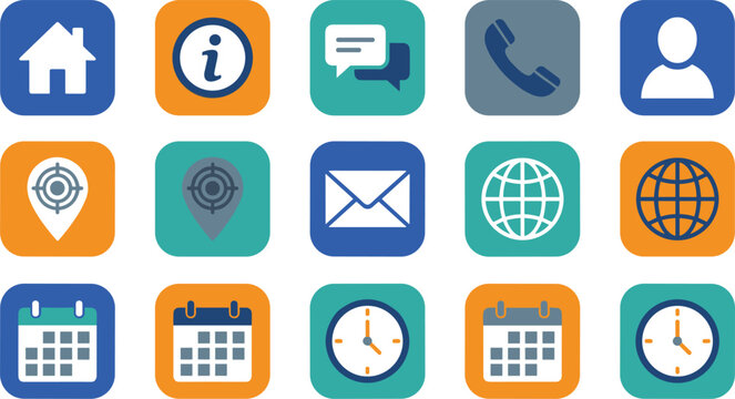 Modern Contact Us Business Icon Set with Rounded Square Web Buttons for Website Application Interfaces Digital Communication and Online Customer Support Designs