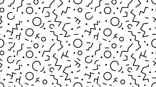 Abstract memphis pattern featuring geometric shapes and lines in black ink design on white background
