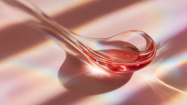 Red serum gel droplet with glossy holographic light reflection macro closeup.