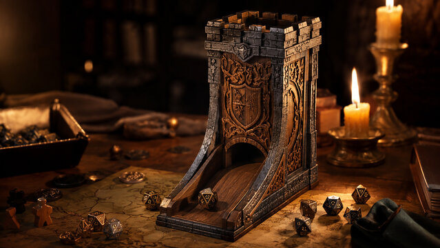 Candlelit fantasy dice tower on a tabletop game table