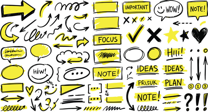 Hand drawn doodle arrows and speech bubbles set with yellow highlights on white background