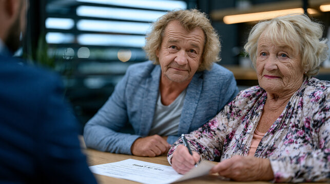 Adult son in business casual sits across from an estate planning attorney beside his elderly mother, a notarized will on the table between them, the older woman holding a pen and reading the final p