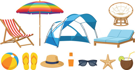 Fototapeta premium Summer Beach Vacation Icon Set with Rainbow Umbrella Pop Up Tent Lounger Deck Chair Sun Hat Sunglasses Cocktail and Travel Accessories Vector Illustrations