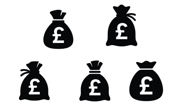 Set of black money bag icons with pound sterling currency symbol design.