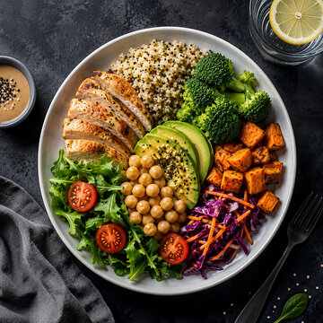 Balanced healthy meal plate with chicken vegetables and grains