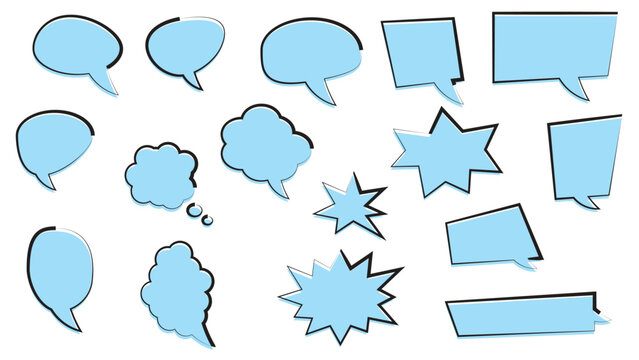 blue speech bubbles set isolated on white background. blank cartoon chat boxes collection with different shape for comic talk or conversation 
