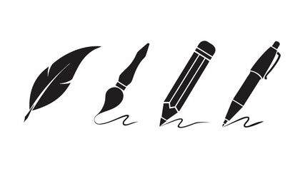 Black of a feather quill, paintbrush, graphite pencil, and ballpoint pen on white © fazlay907