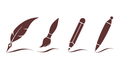 Brown of a feather quill, paintbrush, graphite pencil, and ballpoint pen on white © fazlay907