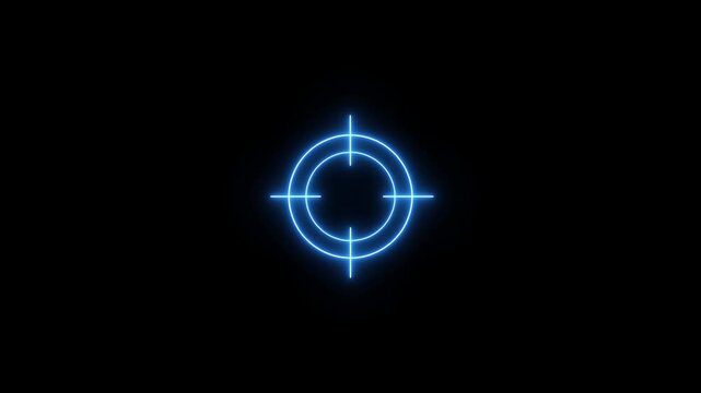 Glowing neon light target icon animation on black background with alpha channel. Animated of military training target icon. Crosshair, gun aim, sniper target concept.