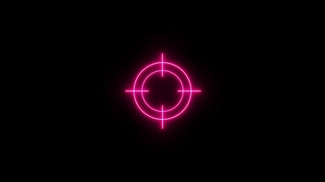Glowing neon light target icon animation on black background with alpha channel. Animated of military training target icon. Crosshair, gun aim, sniper target concept.