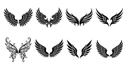 Obraz premium Stylized Black Wings Vector Collection - Eight Unique Feathered Wing Designs for Tattoos, Logos, and Graphic Projects
