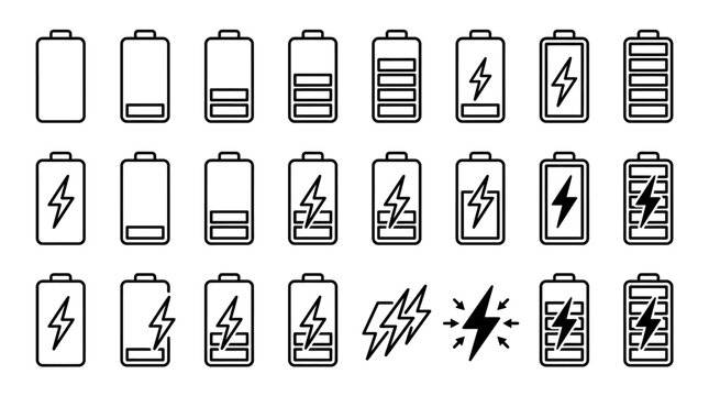 Vector set of various battery charge level and charging status icons, from empty to full, with lightning bolt indicators