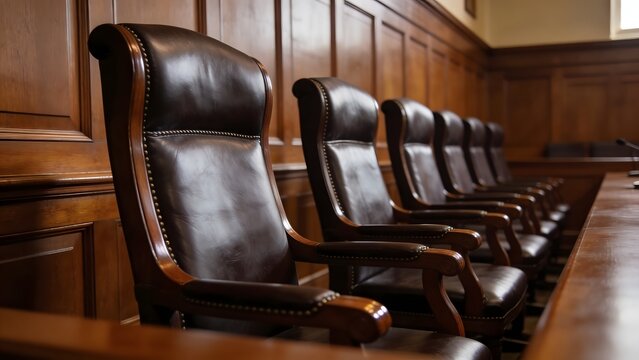 Empty Row of Classic Brown Leather Jury Chairs Inside a Traditional Courtroom with Wood Paneling