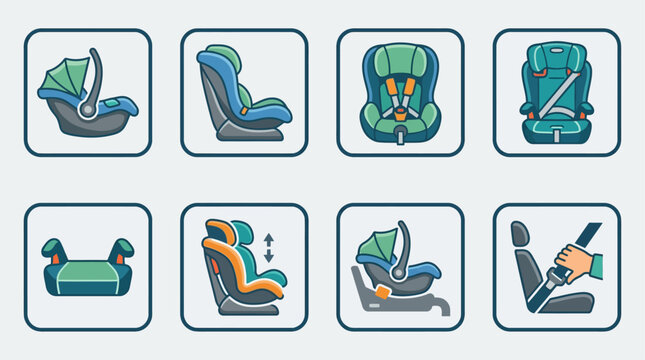 Vector baby car seat and booster safety icons set