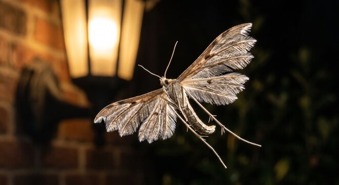 Hovering plume moth with spread feathery wings attracted to porch light