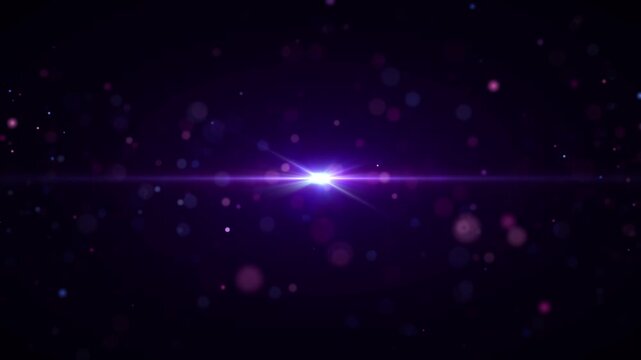 Anamorphic star with lens flare shines across dark background with drifting glowing particles. Seamless loop creates continuous abstract motion for overlays, intros