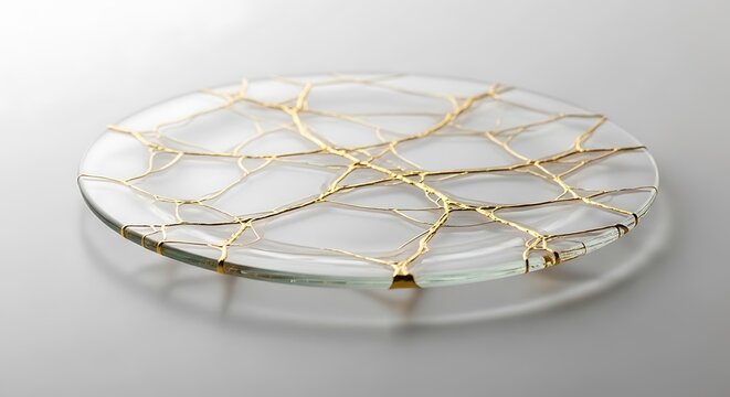 Clear glass circular plate with gold cracked pattern inlay fractured circular