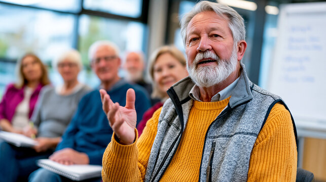Retired English teacher in his seventies leads a senior creative writing circle at a library branch, gesturing toward a whiteboard with prompts written in marker, a half-circle of older adults with 