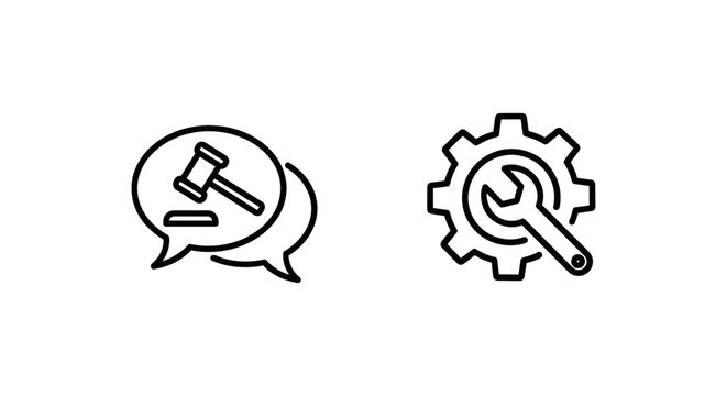 Professional discussion moderator tools and admin control panel icons set representing legal management and system settings with moderator settings management configuration maintenance